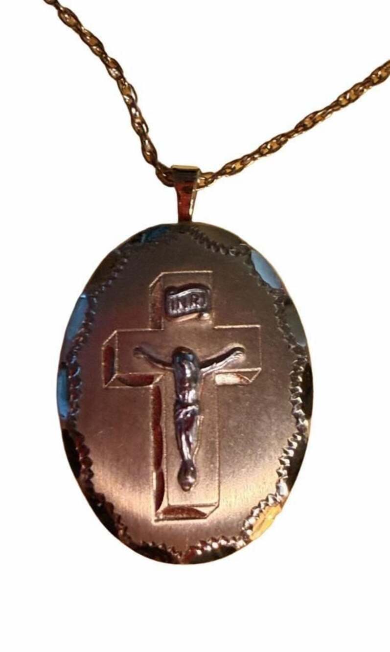 Vintage Gold Tone Oval Locket Necklace with Religious Crucifix INRI Motif